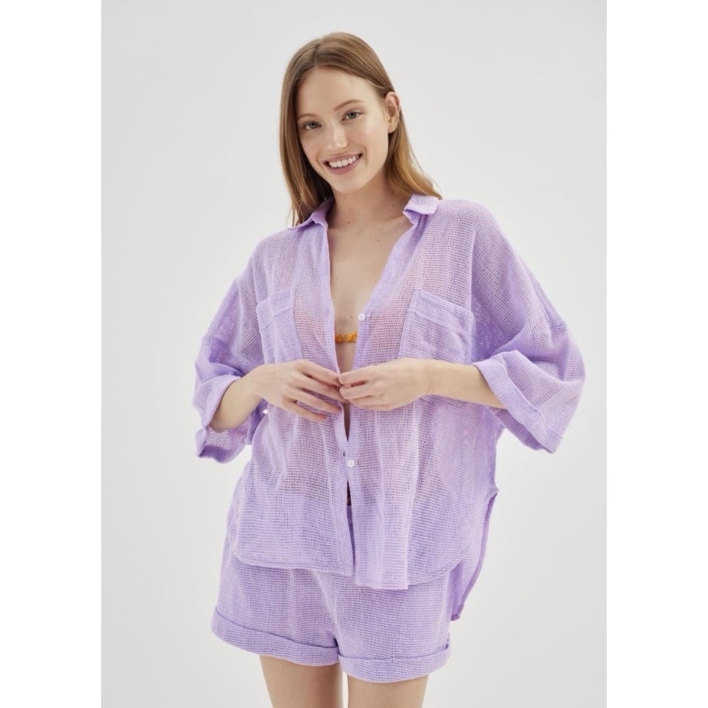 Out From Under Boardwalk Beach Lavender Oversized Button Down Shirt Sz Medium